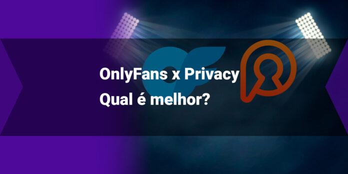 Imagem com uma cortina e luzes apontando para os logos do onlyfans e privacy, quase como um confronto entre as empresas.