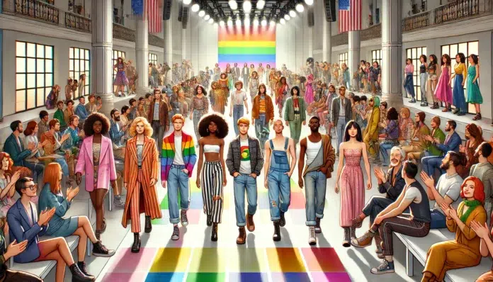 Uma cena de moda vibrante e inclusiva retratando um grupo diversificado de modelos desfilando em uma passarela. Os modelos, representando uma variedade de etnias e identidades LGBTQIA+, exibem uma variedade de estilos de roupas, desde casuais até vanguardistas.