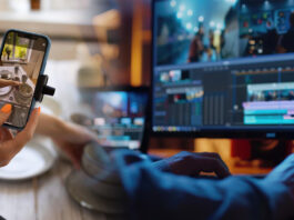 CapCut – O Melhor Editor de Vídeo App e Web Montagem de um lado uma mulher tirando foto de alguns objetos e do lado oposto uma pessoa editando video a frente do computador.