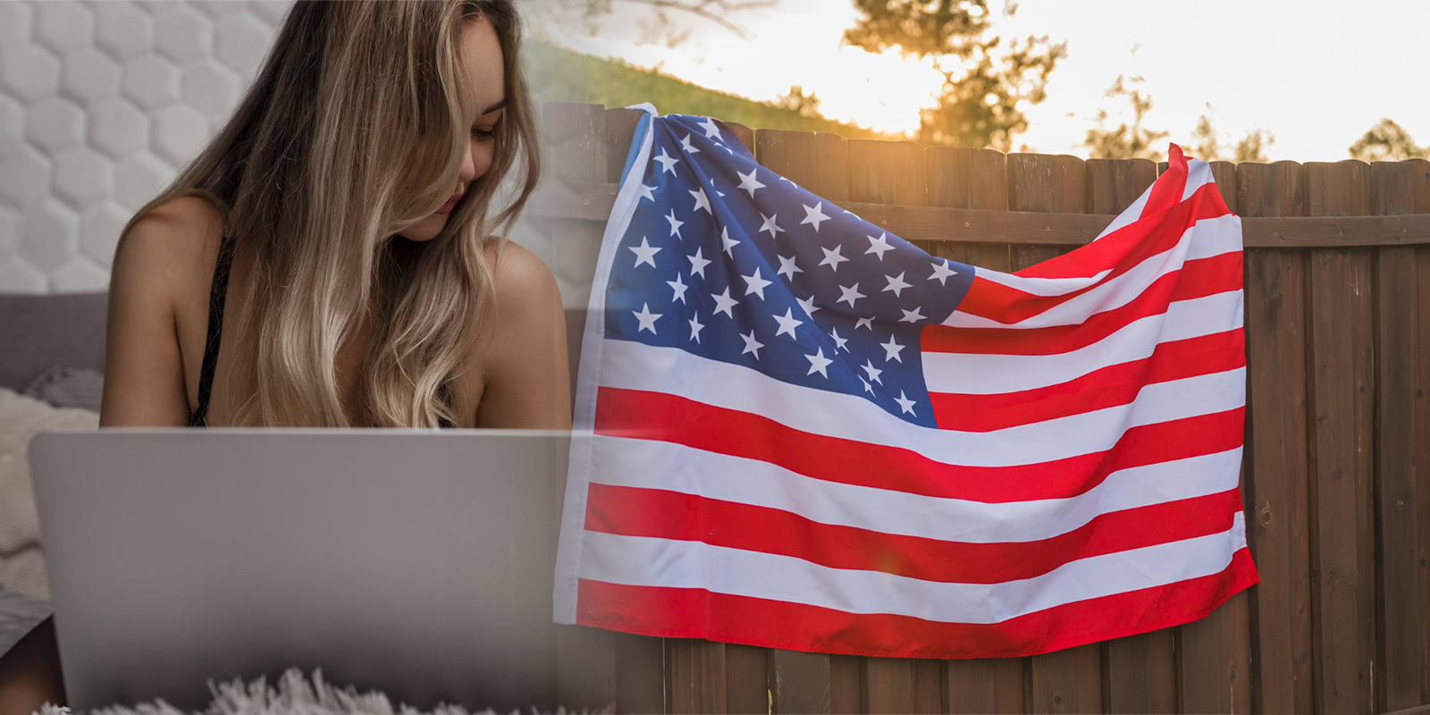 Jovem mulher concentrada em seu laptop em um ambiente interno aconchegante. Atrás dela, uma bandeira americana é exibida em destaque em uma área externa ensolarada, simbolizando alcance global e diversidade cultural.