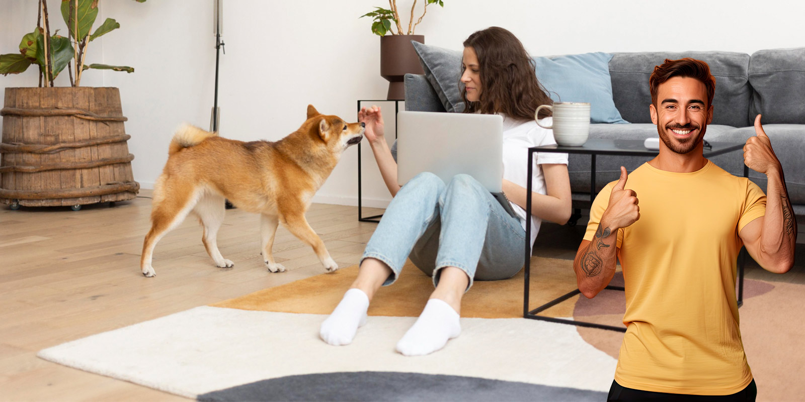 No plano de fundo um apartamento com uma mulher sentada ao chao, trabalhando no notebook e dando algo para um cachorro a frente dela. E no plano a frente um homem indicando que esta tudo bem com as maos.