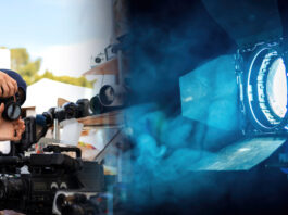 Imagem com uma pessoa escolhendo uma camera a frente de inumeras cameras e ao lado uma iluminação de foto e video.