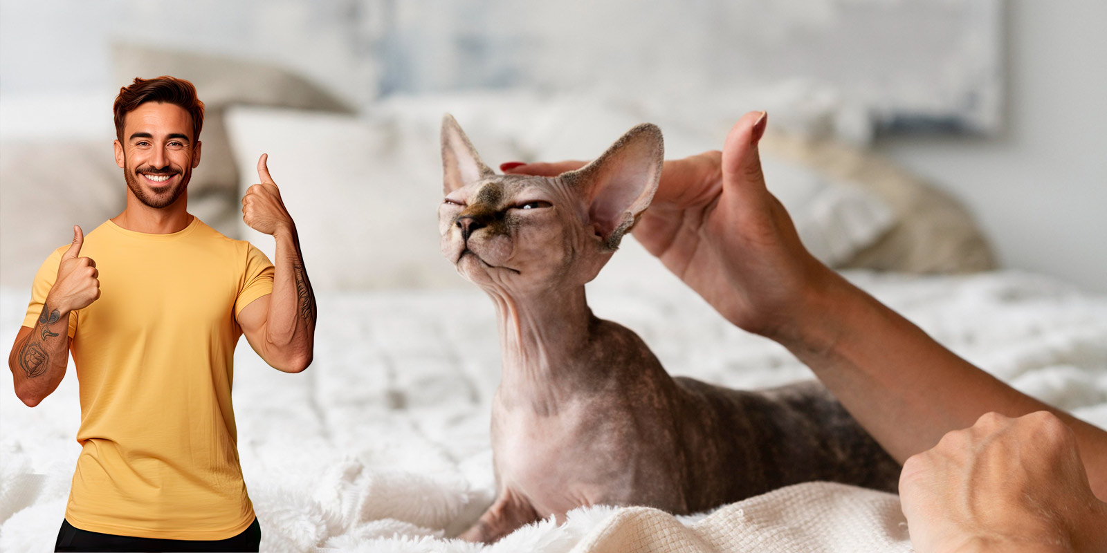 Na imagem de plano de fundo é um gato recebendo carinho e sobreposto a imagem tem um rapaz sorrindo e fazendo sinal de positivo com ambas as mãos.