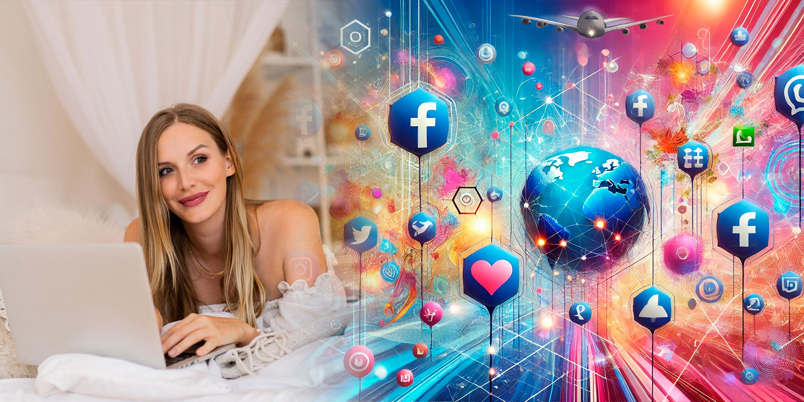 A imagem mostra uma mulher sorridente usando um laptop enquanto está deitada na cama. Ao fundo, uma colagem vibrante e colorida ilustra ícones de várias plataformas de mídia social, como Facebook, Twitter e Instagram, junto com elementos visuais que representam conectividade digital e redes globais. A composição sugere o tema de estratégias de mídia social para camgirls, destacando a importância da presença online e do engajamento em várias plataformas para maximizar a visibilidade e o sucesso.