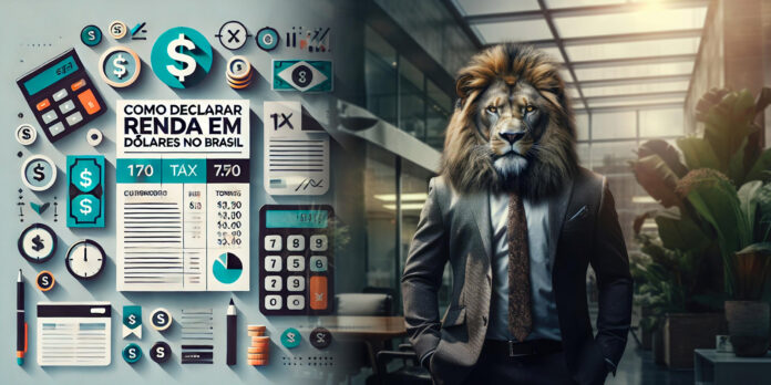 A imagem mostra uma representação conceitual para o post do blog sobre declaração de renda em dólares no Brasil. Ela apresenta elementos financeiros como símbolos de dólar, calculadoras e formulários fiscais. Um leão vestido em traje de negócios, representando simbolicamente a autoridade fiscal brasileira como "o leão", destaca-se de forma proeminente, sublinhando a seriedade e dominância das questões fiscais em um ambiente empresarial. O texto "Como Declarar Renda em Dólares no Brasil" é exibido, guiando o tema da declaração fiscal de maneira envolvente e temática.