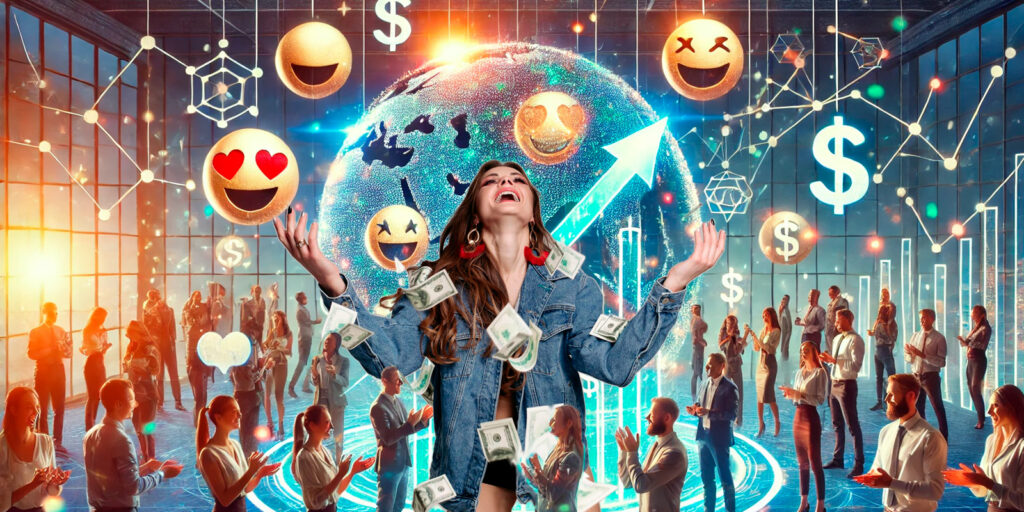 Imagem vibrante mostrando uma mulher jovem e alegre com dinheiro voando ao seu redor, representando prosperidade e sucesso financeiro. Ela está em um ambiente moderno de escritório com várias pessoas ao fundo, todas exibindo emoções positivas. Símbolos de crescimento como setas ascendentes, gráficos e ícones monetários flutuam ao redor, sobre um fundo que inclui um globo terrestre iluminado, simbolizando a conexão global e o impacto do engajamento emocional nos negócios.