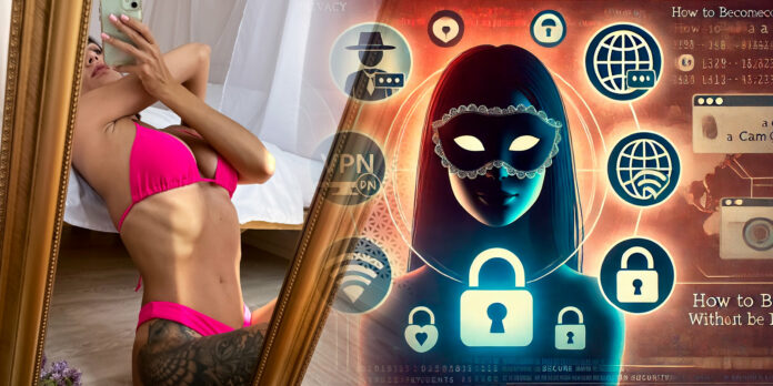 Imagem que combina privacidade e segurança digital para camgirls, mostrando uma mulher em trajes sensuais e elementos gráficos que simbolizam anonimato e proteção, incluindo ícones de cadeado, VPN e pagamento seguro.