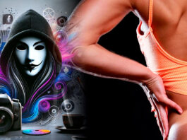 Montagem representando uma 'anonymous camgirl' em um ambiente de estúdio moderno. À esquerda, uma figura encapuzada com elementos como câmera, ícones de redes sociais e um ambiente criativo, e à direita, a silhueta de uma mulher em traje revelador, sugerindo o tema de conteúdo adulto e anonimato.