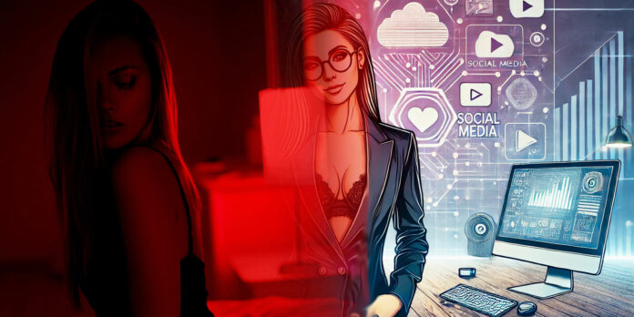 camgirl-inteligente-estudio-moderno-criacao-conteudo Montagem representando uma camgirl em um ambiente de estúdio moderno. À esquerda, uma mulher em um ambiente escuro com iluminação vermelha, e à direita, uma ilustração de uma camgirl com elementos de tecnologia, como telas, ícones de redes sociais e gráficos, simbolizando criatividade e inovação no mundo do conteúdo adulto.