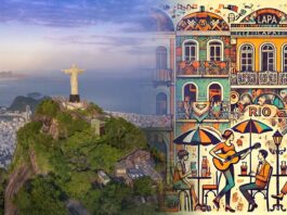 Uma imagem composta mostrando dois lados do Rio de Janeiro: à esquerda, uma vista aérea do Cristo Redentor com o Pão de Açúcar ao fundo, representando a natureza e os pontos turísticos icônicos da cidade; à direita, uma ilustração boêmia da Lapa, com músicos de rua, mesas de café e arcos icônicos, evocando a atmosfera artística e vibrante do Rio de Janeiro.