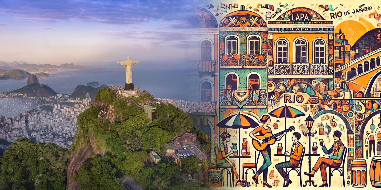 Uma imagem composta mostrando dois lados do Rio de Janeiro: à esquerda, uma vista aérea do Cristo Redentor com o Pão de Açúcar ao fundo, representando a natureza e os pontos turísticos icônicos da cidade; à direita, uma ilustração boêmia da Lapa, com músicos de rua, mesas de café e arcos icônicos, evocando a atmosfera artística e vibrante do Rio de Janeiro.