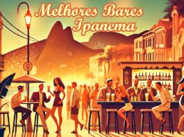 Cena animada de bares em Ipanema, mostrando pessoas desfrutando de drinks em um ambiente descontraído, com a praia e a Pedra da Gávea ao fundo, representando a vida noturna vibrante de Ipanema.