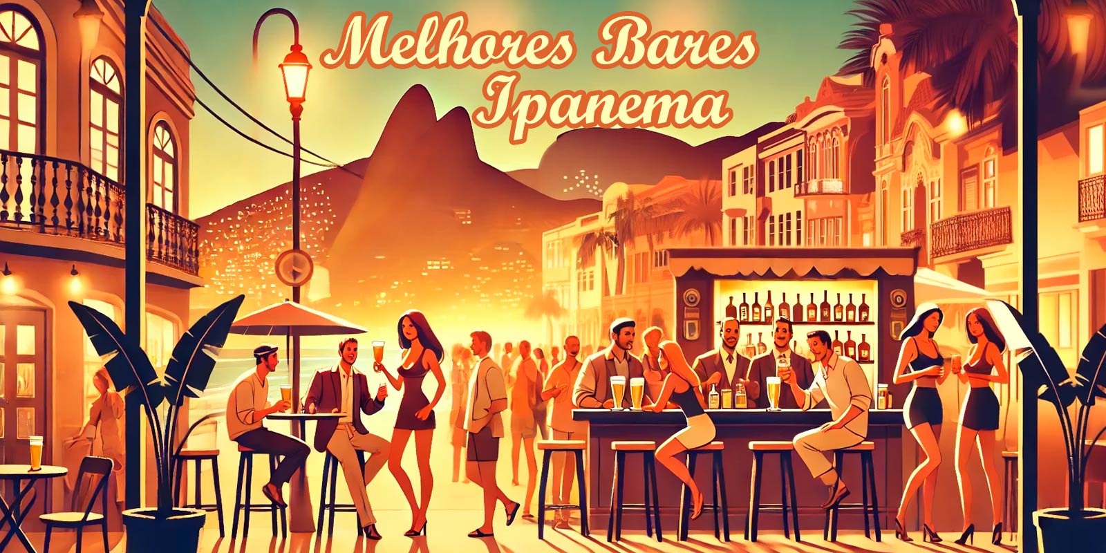 Cena animada de bares em Ipanema, mostrando pessoas desfrutando de drinks em um ambiente descontraído, com a praia e a Pedra da Gávea ao fundo, representando a vida noturna vibrante de Ipanema.