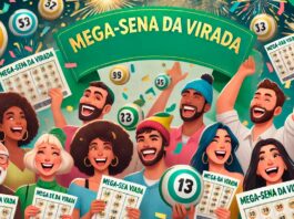 Grupo diverso de pessoas segurando bilhetes da Mega-Sena da Virada, simbolizando a participação em bolões. Fundo com confetes e bolas de loteria, transmitindo felicidade e emoção.