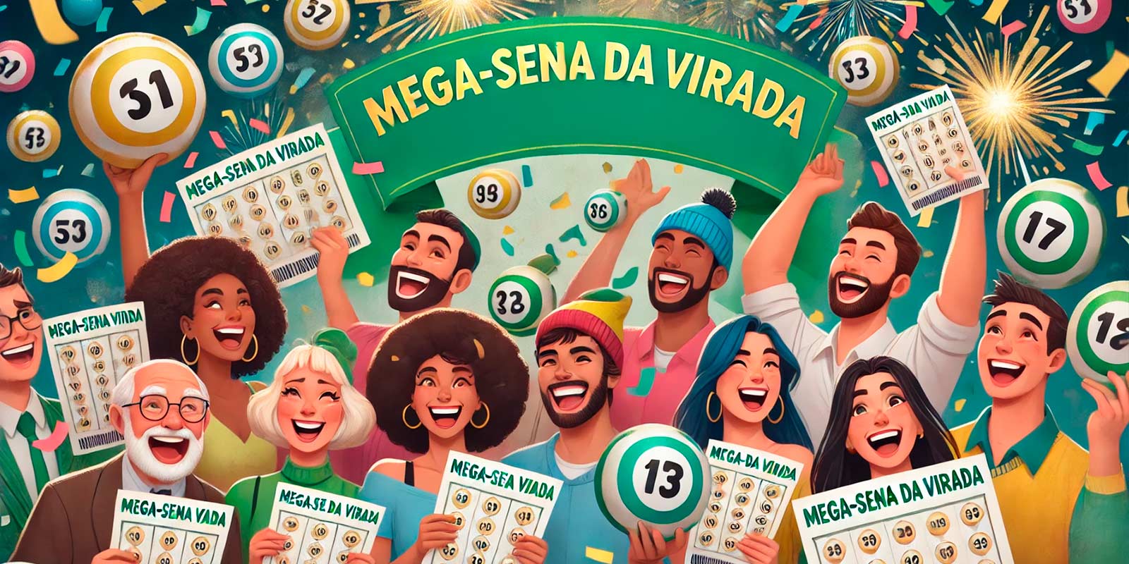 Grupo diverso de pessoas segurando bilhetes da Mega-Sena da Virada, simbolizando a participação em bolões. Fundo com confetes e bolas de loteria, transmitindo felicidade e emoção.