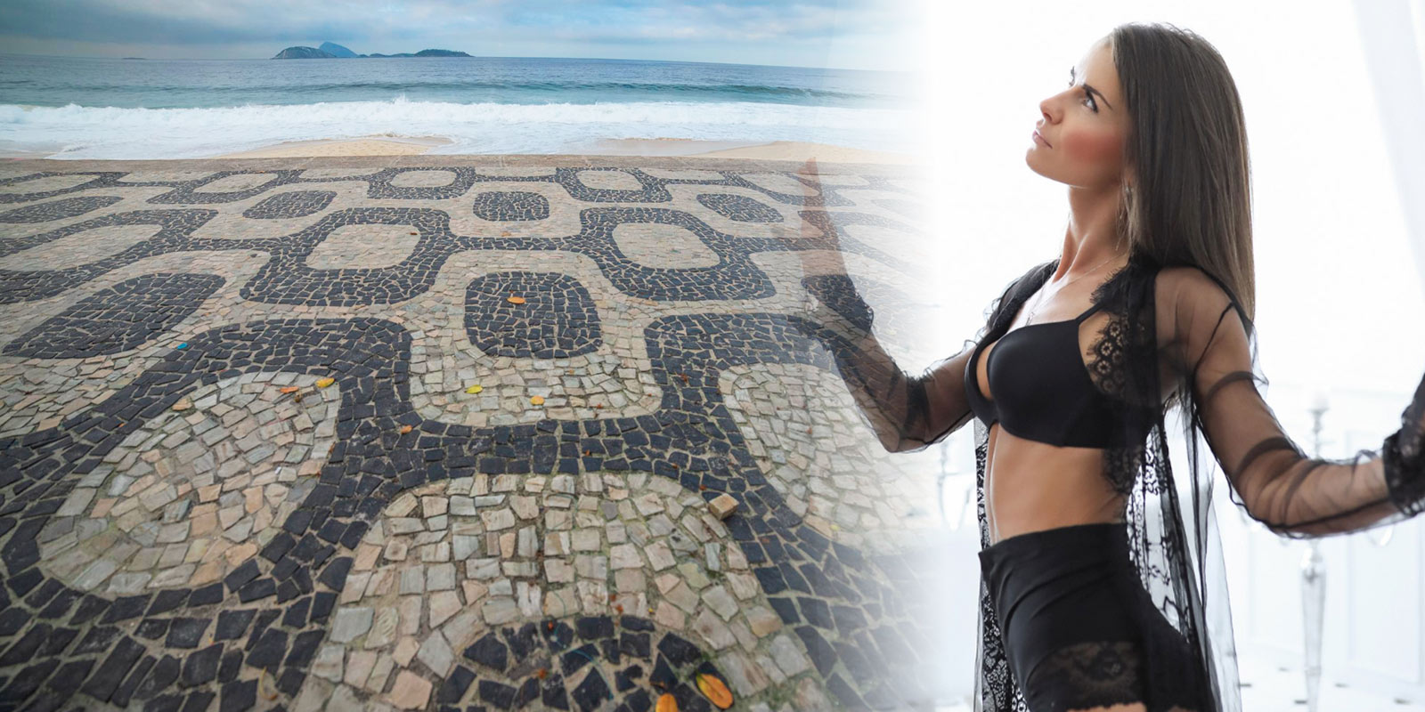 Montagem que combina o calçadão de Copacabana, no Rio de Janeiro, com a imagem de uma mulher vestida em lingerie preta de renda, destacando um ambiente sensual e icônico.