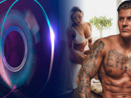 Homem musculoso e tatuado em destaque, ao lado de uma mulher em lingerie branca, com um design futurista neon preenchendo o fundo.