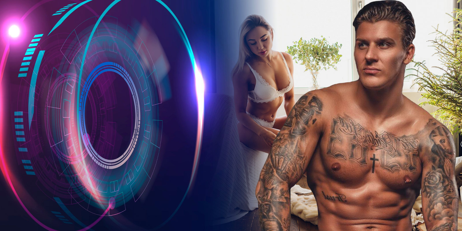 Homem musculoso e tatuado em destaque, ao lado de uma mulher em lingerie branca, com um design futurista neon preenchendo o fundo.