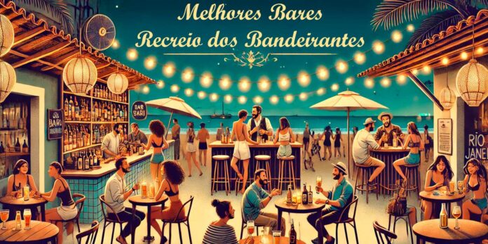 Os melhores barzinhos no Recreio dos Bandeirantes, mostrando um bar à beira-mar com pessoas desfrutando de bebidas, música e um ambiente descontraído típico do Rio de Janeiro.