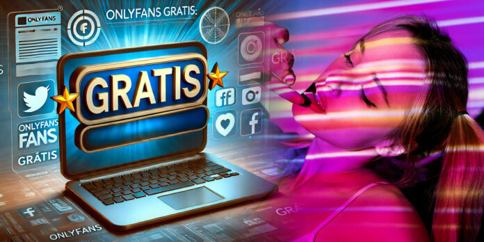 Imagem de capa para o artigo sobre OnlyFans grátis, mostrando um laptop com a palavra 'Grátis' em destaque na tela, rodeado por ícones de redes sociais e elementos de conteúdo digital, representando acessibilidade e oportunidades no conteúdo adulto.