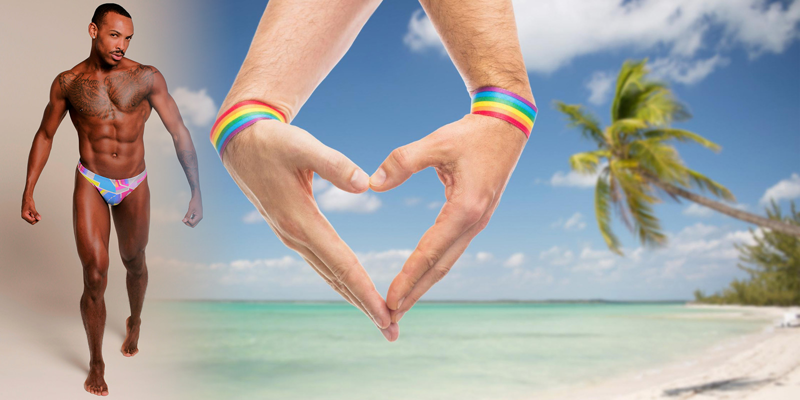 Homem usando uma sunga colorida, estilosa e cavada, posando em um fundo com céu azul e nuvens leves. Ao lado, duas mãos formando um coração com pulseiras de arco-íris, simbolizando orgulho LGBTQIA+, com uma paisagem tropical ao fundo, incluindo uma praia paradisíaca e coqueiros.