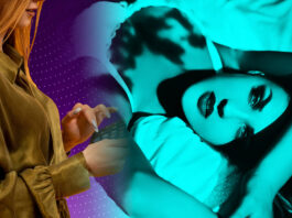 Composição de uma mulher usando uma calculadora, representando trabalho online, e uma mulher deitada em pose artística, simbolizando sensualidade e conteúdo adulto.