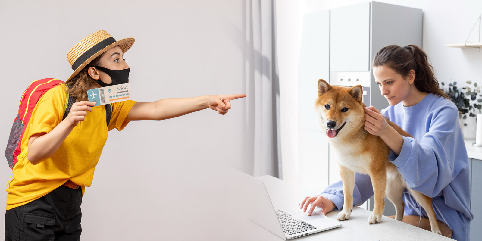 Pessoa com mochila e passagem de avião aponta para uma cuidadora cuidando de um cachorro Shiba Inu em casa, simbolizando a confiança em plataformas de pet sitting.