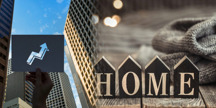Montagem com prédios urbanos e uma mão segurando um gráfico de crescimento, combinada com letras formando a palavra "HOME" em miniaturas de casas, representando investimentos em imóveis e aluguel por temporada.