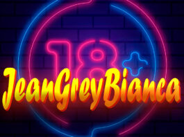 Logo colorido em estilo neon com fundo de tijolos escuros. Ao centro, aparece em rosa e azul o símbolo '18+' e, sobreposto, o nome 'JeanGreyBianca' em fonte cursiva amarela com sombra laranja.
