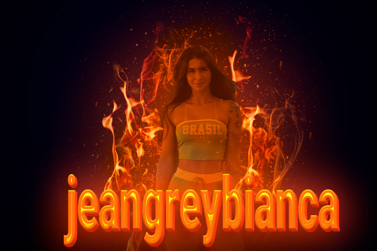 JeanGrey Bianca, camgirl brasileira, em uma imagem temática com chamas e fundo escuro, destacando sua personalidade marcante e sucesso no Chaturbate.