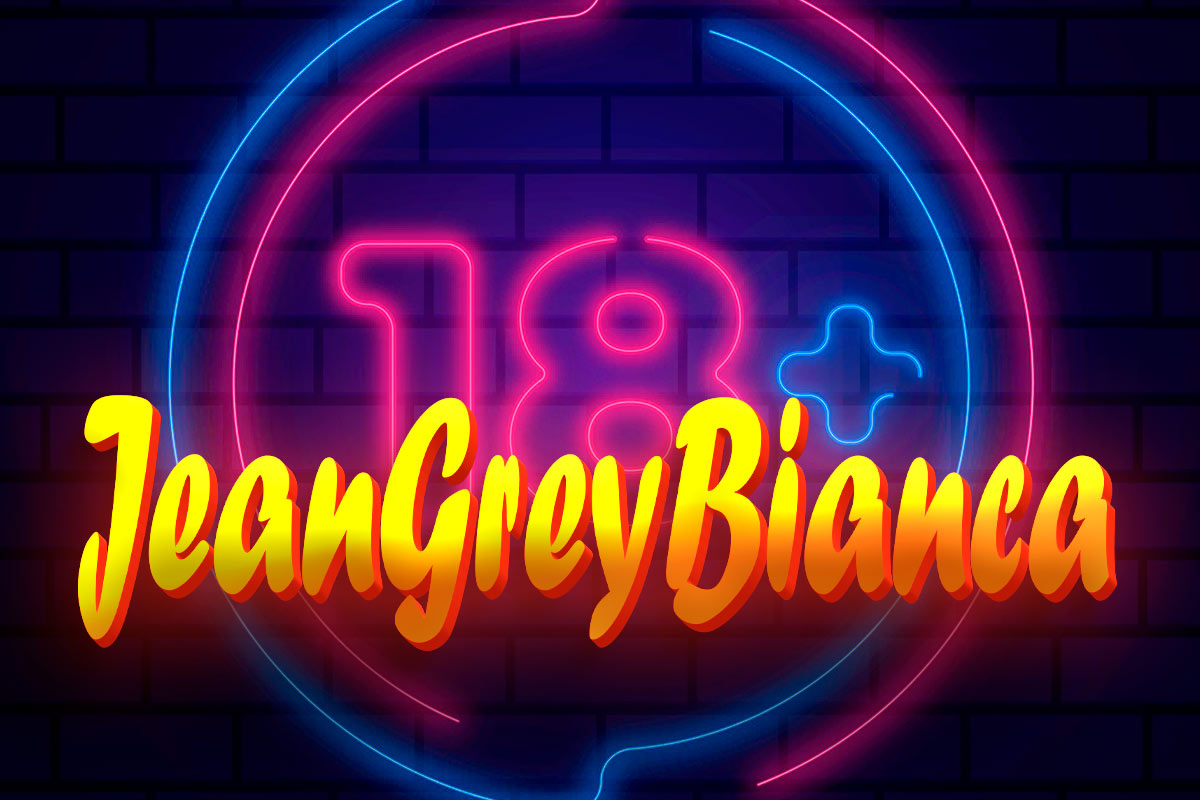 Logo colorido em estilo neon com fundo de tijolos escuros. Ao centro, aparece em rosa e azul o símbolo '18+' e, sobreposto, o nome 'JeanGreyBianca' em fonte cursiva amarela com sombra laranja.