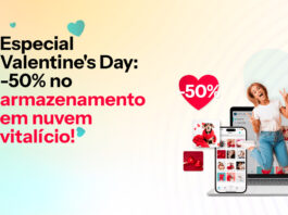 Aproveite a Promoção Especial da pCloud para o Dia dos Namorados (Valentine’s Day) 2025! Banner promocional da pCloud para o Dia dos Namorados, destacando 50% de desconto no armazenamento em nuvem vitalício. A imagem inclui uma mulher pulando de alegria ao lado de dispositivos eletrônicos exibindo arquivos armazenados, corações vermelhos e tons pastel ao fundo.