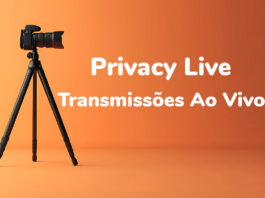 Tripé com câmera profissional posicionado contra um fundo laranja, com o texto 'Privacy Live - Transmissões Ao Vivo' destacando o novo recurso da plataforma.