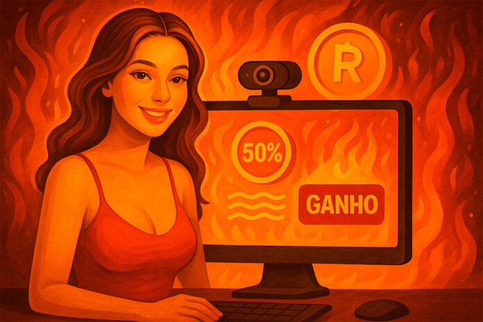 Ilustração de jovem streamer camgirl em frente ao notebook, com três janelas representando os modos câmera simples, privada e exclusiva no Camera Prive