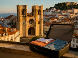 Mala aberta com roupas dobradas em janela com vista para a Sé de Lisboa e o Castelo de São Jorge ao fundo, simbolizando estadia gratuita na cidade