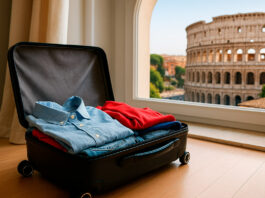 Mala aberta com roupas diante de uma janela com vista para o Coliseu em Roma, simbolizando uma estadia gratuita e inesquecível na cidade eterna