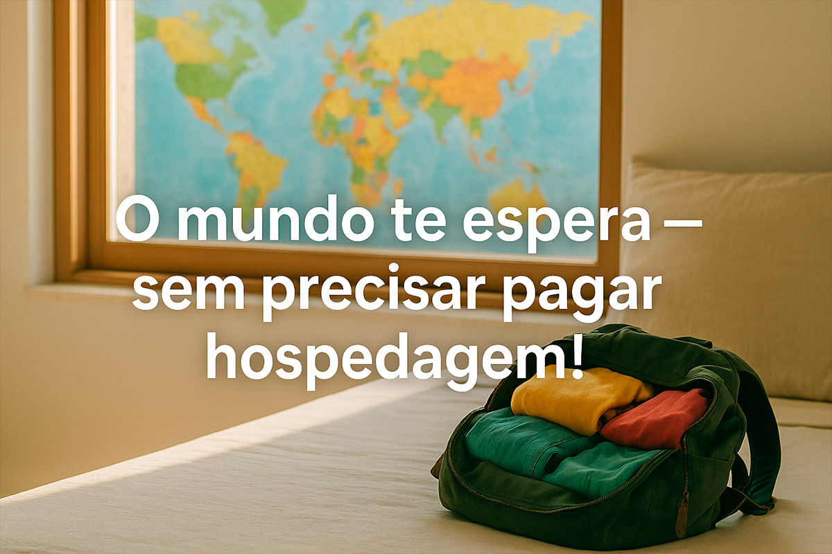 Mochila de viagem aberta em uma cama iluminada, com roupas coloridas e um mapa-múndi visível pela janela ao fundo. Texto centralizado: 