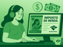 Ilustração mostra uma criadora de conteúdo em seu computador preenchendo o Imposto de Renda com referência ao Brasil, cercada por símbolos financeiros em tons verdes.