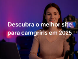 Jovem mulher transmitindo ao vivo como camgirl em um quarto moderno com iluminação roxa e azul, sorrindo para a câmera, com a frase "Descubra o melhor site para camgirls em 2025" centralizada na imagem.