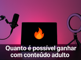 Fotografia de um setup de transmissão com notebook e microfone, fundo iluminado em tons roxos e rosados, com o texto “Quanto é possível ganhar com conteúdo adulto?” em destaque no plano frontal da imagem.