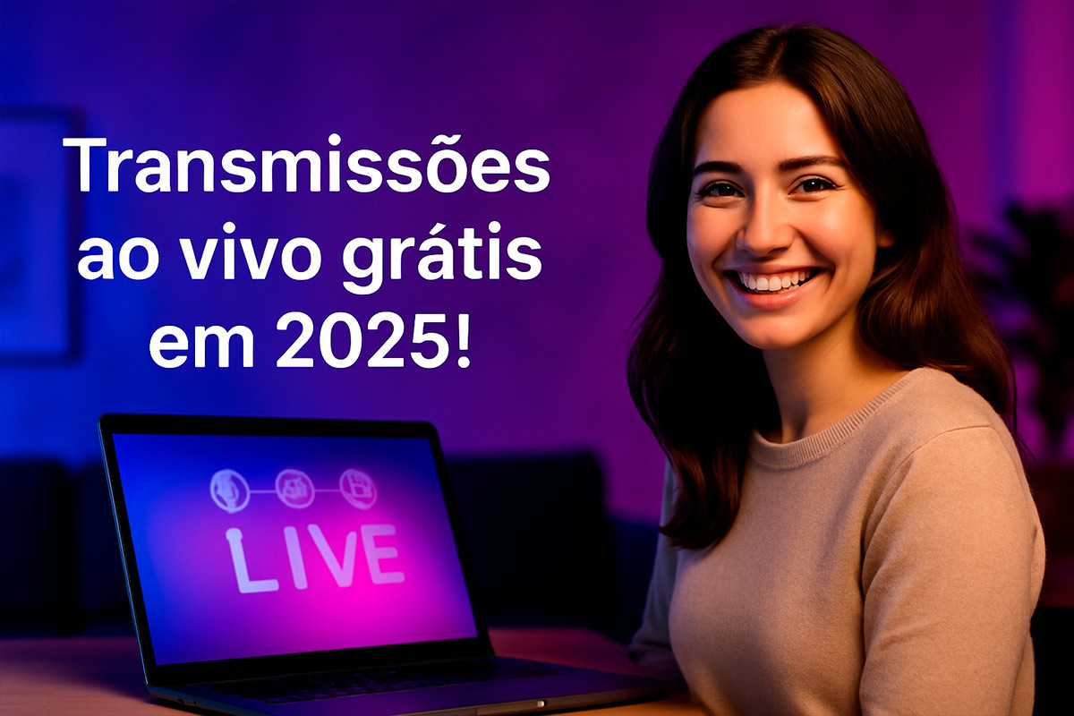 Jovem sorridente usando um notebook em um ambiente moderno iluminado com luzes roxas e azuis, com a frase 