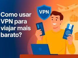 Ilustração em estilo flat mostra uma pessoa usando notebook com símbolo de VPN, ao lado de passagens aéreas, mala e ícones de hotéis, simbolizando economia em viagens.