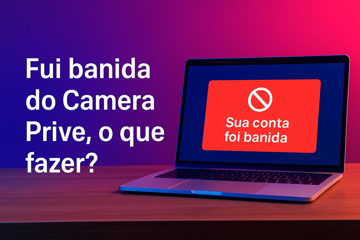 Ilustração com mulher diante de um notebook com expressão preocupada, em um ambiente com luzes suaves, representando o banimento no Camera Prive e a busca por soluções.