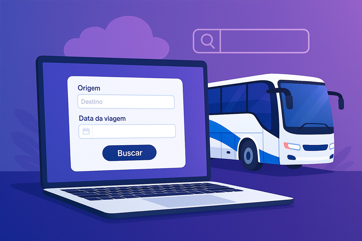 Ilustração digital mostrando uma pessoa usando notebook para buscar passagem de ônibus online, com um ônibus ao fundo e elementos de viagem.