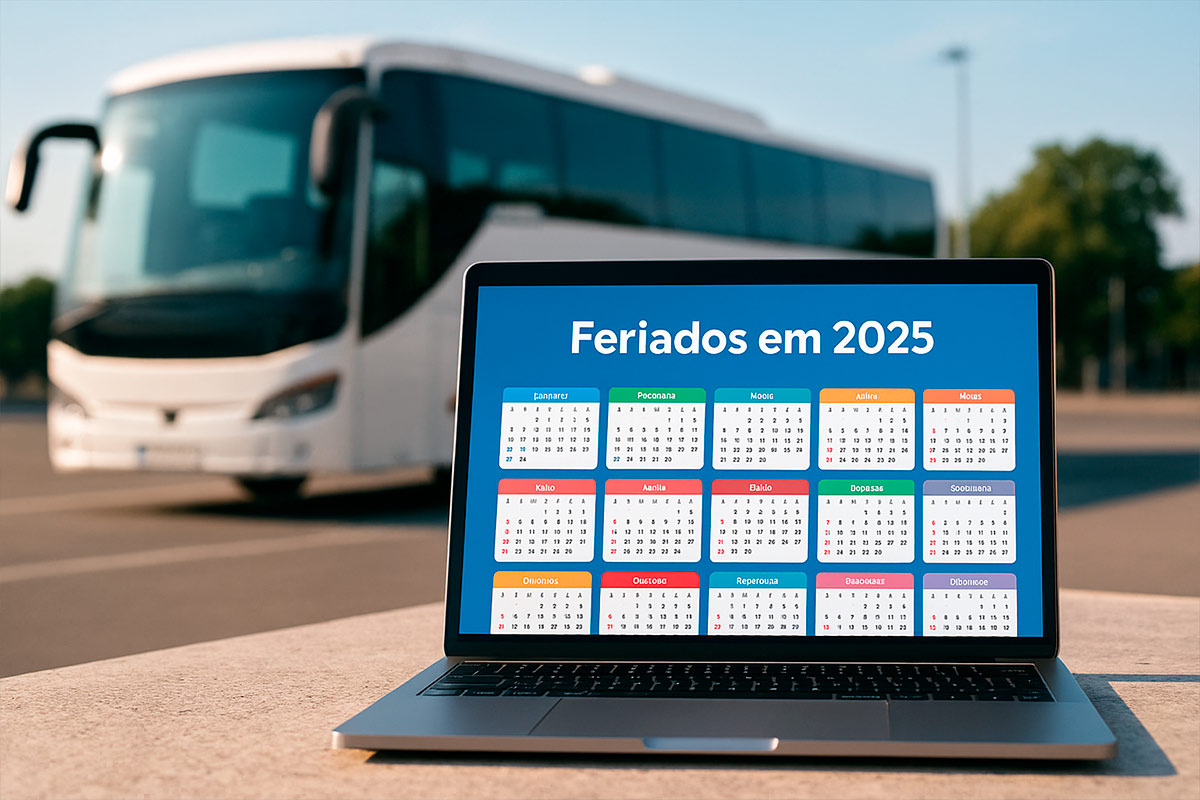 Calendário em português com destaque para feriados de 2025, sobreposto a um fundo realista com ônibus moderno e cenário de viagem.