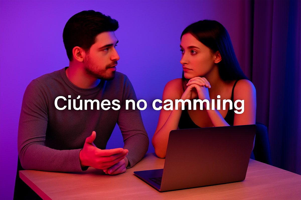 Casal jovem conversando em frente a um notebook com fundo iluminado em tons roxos e azuis, representando diálogo sobre trabalho com camming e relacionamento.