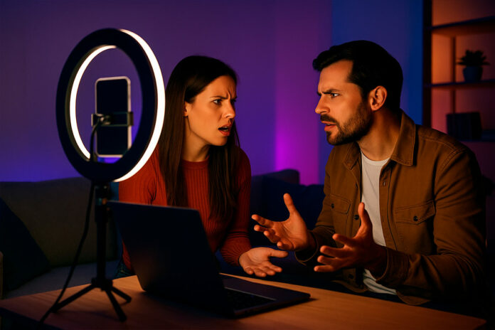 Casal discutindo em frente a um celular com ring light aceso, em ambiente moderno com iluminação sensual, representando conflitos em relacionamentos por uso de plataformas de conteúdo adulto.
