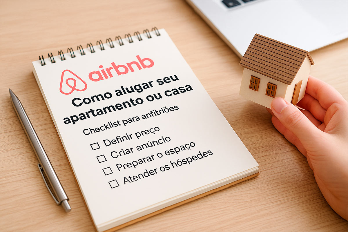 Foto realista de um bloco de anotações com checklist ao lado de uma xícara de café e um laptop, simbolizando planejamento para alugar casa ou apartamento com sucesso em 2025.