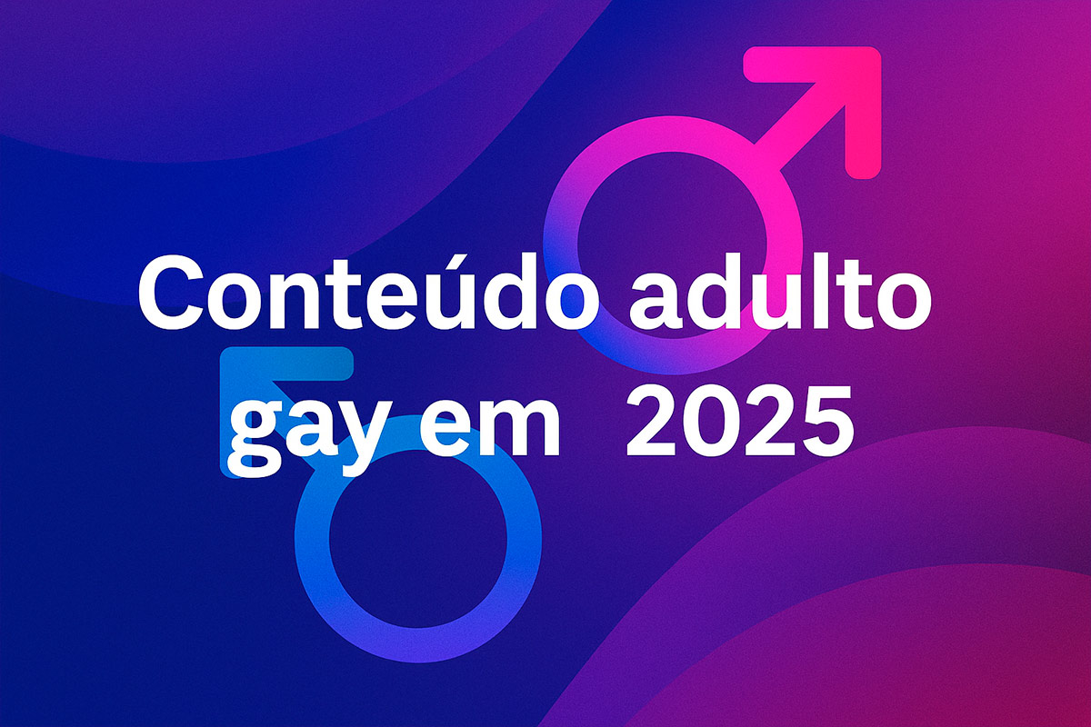 Imagem com fundo em tons de roxo e azul, com ícones de gênero masculino e texto “Conteúdo adulto gay em 2025”, representando o mercado LGBTQIA+ no ambiente digital.