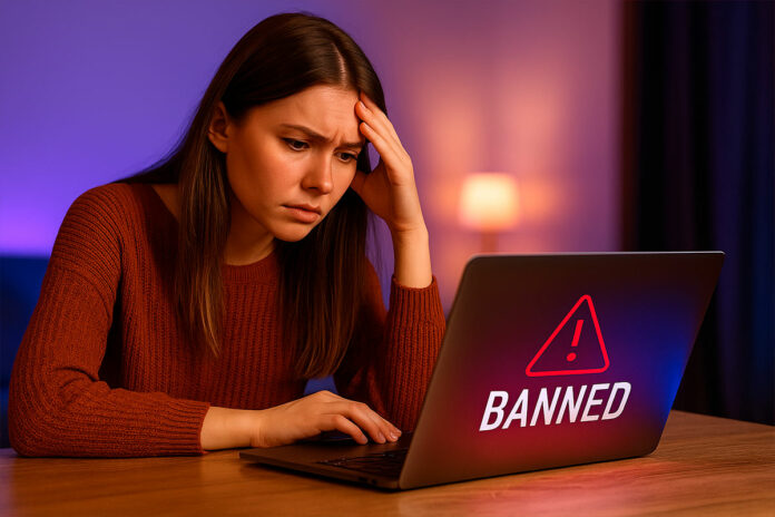 Mulher preocupada em frente a um notebook, representando a tentativa de desbloquear uma conta suspensa no Camera Prive em 2025.